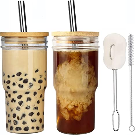 ALINK Reusable Boba Cup Smoothie Tumbler Glass Bubble Tea Cup, 2 Pack Wide Mouth 22oz Iced Coffee Cups with Bamboo Lid and Stainless Steel Straw, Mason Jar Drinking Glasses for Bubble Tea, Beer, Smoothie, Juice