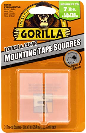 Gorilla Tough & Clear Double Sided Mounting Tape Squares, Hanging, Repairing, Weatherproof, Instant Hold, 24-1in Pre-Cut Squares, Clear, (Pack of 1), 6069301
