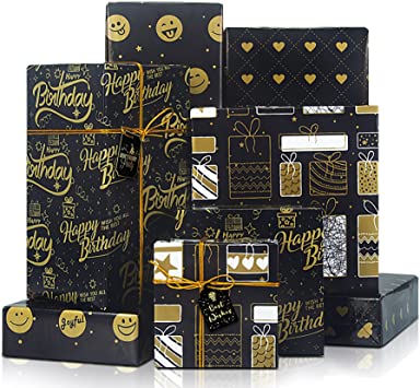 Larcenciel Birthday Wrapping Paper, Gift Wrapping Paper set, Black Gold Design w/Jute Twine and Gift tag, Gift Wraps for Birthday, Valentines, Christmas, Graduation, Baby Shower,4 Sheets 27.5x19.6inch