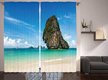 Ambesonne Seaside Decor Collection, Tropical Beach with White Sand and Karst Rock Coast in Krabi Thailand Limestone Travel Picture, Living Room Bedroom Curtain 2 Panels Set, 108 X 84 Inches, Blue Aqua