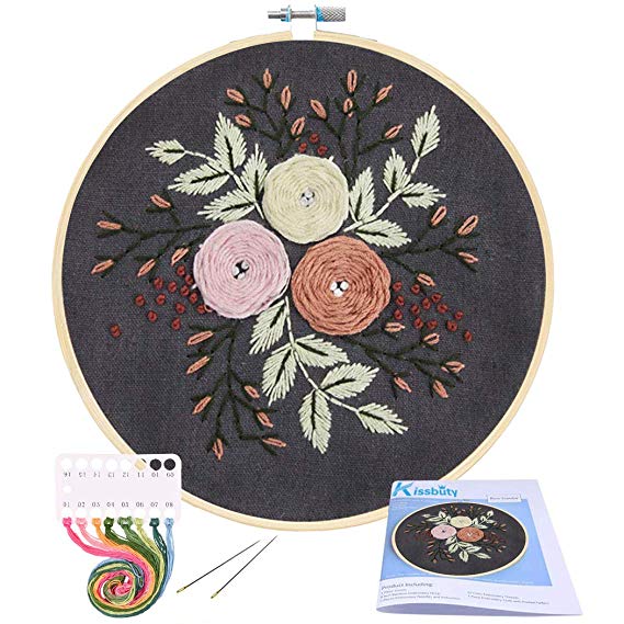 Full Range of Embroidery Starter Kit with Pattern, Kissbuty Cross Stitch Kit Including Stamped Embroidery Cloth with Floral Pattern, Bamboo Embroidery Hoop, Color Threads and Tools Kit (Pretty Roses)