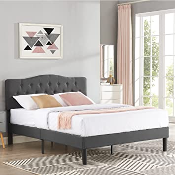 VECELO Classic Upholstered Platform Bed Diamond Stitched Cloth Panel Headboard/Mattress Foundation/Easy Assembly/Strong Slat Support,Queen,Grey