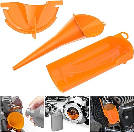 MoKo Car Oil Funnel, 3 Packs Motorcycle Refueling Funnel Long Mouth Oil Gasoline Water Filter Tool Crankcase Primary Case Oil Fill Drip-Free Long Stem Plastic Set for Harley - Orange