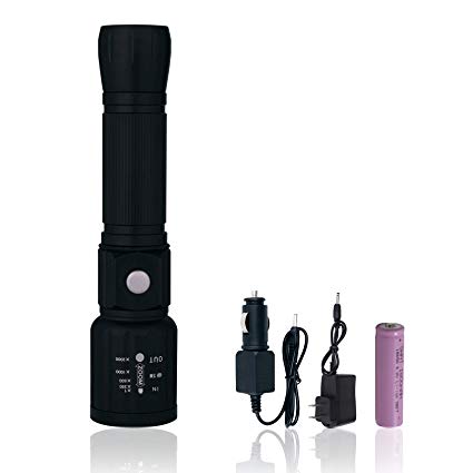 NVTED Rechargable LED Flashlight, Water Resistant 1500 lumen CREE-T6 Tactical LED Torch, Adjustable Focus with 5 Light Modes, AC Car Charger 18650 Battery
