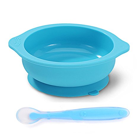 Baby/Toddler Feeding Silicone bowl with Stay-Put Suction Base and Spoon Set (Blue)