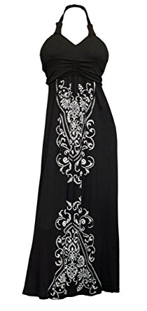 eVogues Plus Size Maxi Cocktail Cruise Halter Dress with Embroidery Print Detail