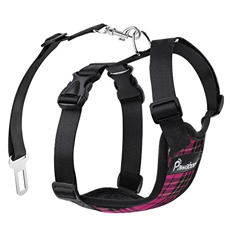 Pawaboo Dog Safety Vest Harness, Pet Dog Adjustable Car Safety Mesh Harness Travel Strap Vest with Car Seat Belt Lead Clip.