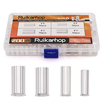 Ruikarhop 200PCS (AWG 8 6 4 2) 2-8 Gauge Wire Ferrules Kits Silver Plated Copper Crimp Connector Non Insulated Ferrules Pin Cord End Terminal