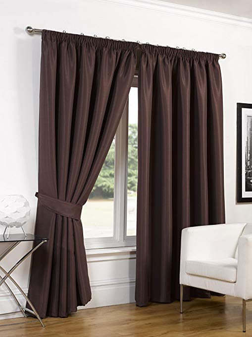RAYYAN LINEN Thermal Pencil Pleat Blackout Tape Top Pair of Curtains Ready Made With Free Tiebacks (66" X 90", Chocolate)