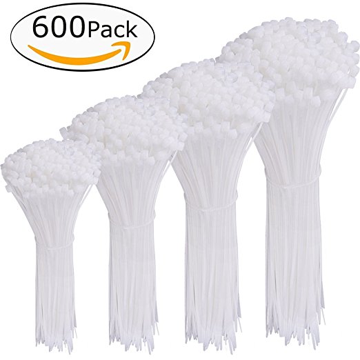 AUSTOR 600 Pieces Zip Ties White Nylon Cable Zip Ties Heavy Duty Industrial Grade Wire Ties Cable Ties in 4 6 8 10 Inches for Home Office Garage and Workshop(Each Size 150 Pcs)