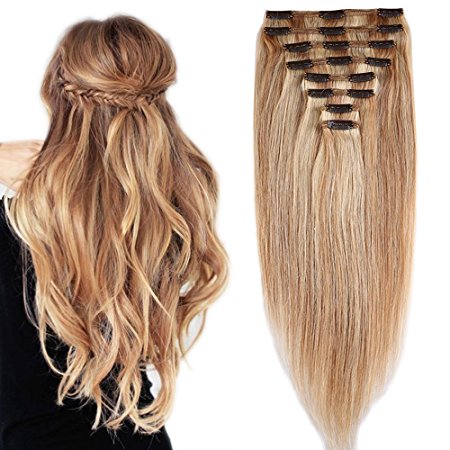 Double Weft Hair Extensions Clip in Human Remy Hair - 8 Pieces Straight Full Head (10"-110g, #18/613 Ash Blonde Mix Bleach Blonde)