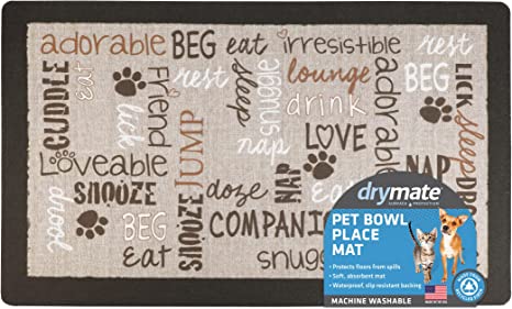Drymate Pet Bowl Placemat, Dog & Cat Food Feeding Mat - Absorbent Fabric, Waterproof Backing, Slip-Resistant - Machine Washable/Durable (USA Made)