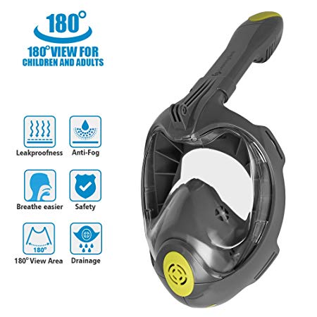 LeaningTech 3nd Generation 180° Full Face Snorkel Mask- Panoramic view Snorkel Mask For Adults, With Anti-Fog Anti-Leak Snorkeling Design for GoPro SJCAM (Grey L/XL)