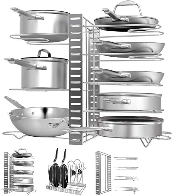 Pot Rack Organizers, G-TING 8 Tiers Pots and Pans Organizer, Adjustable Pot Lid Holders & Pan Rack for Kitchen Counter and Cabinet, Lid Organizer for Pots and Pans With 3 DIY Methods（Silver）