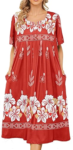 Bloggerlove Nightgown for Women Hawaiian Muumuu House Dress Print Lounger Patio Dress with Pockets Moomoo