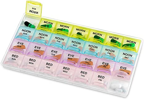 Pill Organizer - Large Pill Organizer with Weekly and Daily 4-Times-A-Day Compartments for Morning, Noon, Evening, Night - BPA-Free, Portable and Travel Friendly Pill Boxes Case