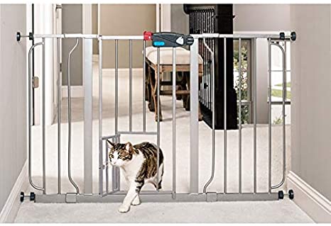 Silver Expansion Gate with Swinging Door Wide Pet Gating Opening Doorway Cat Walk Through Hatch Entry Stairs Kitchen Hallway, Extends Upto 30-52 Inches Metal