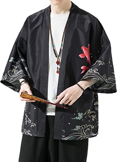 PRIJOUHE Men's Kimono Cardigan Jacket Japanese Style Flying Crane Seven Sleeves Open Front Coat