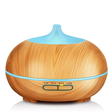 KBAYBO 300ml Aroma Diffuser, Wood Grain Ultrasonic Cool Mist Humidifier Essential Oil Diffuser With 7 Color LED