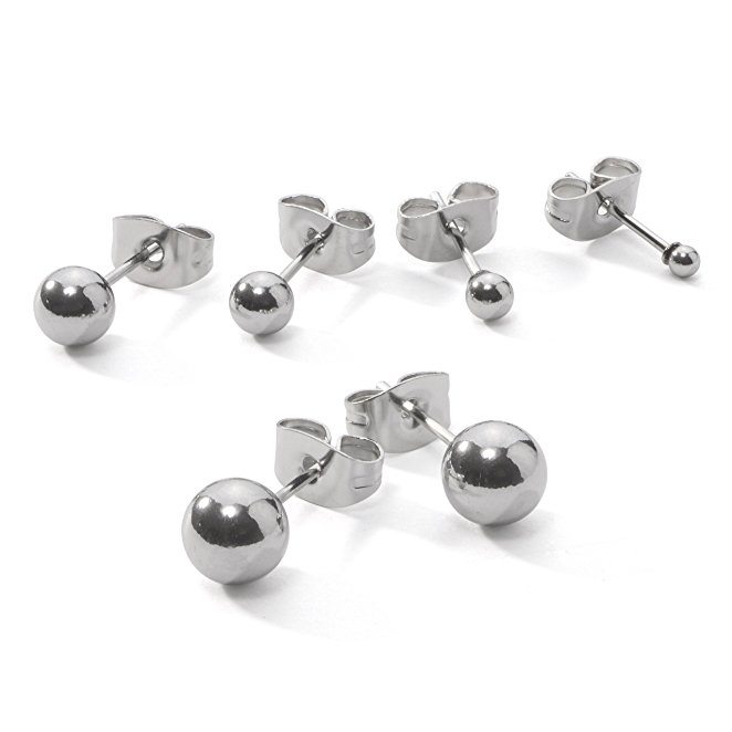 5 Pair Set Stainless Steel Round Ball Stud Earrings One Pair Each 2mm 3mm 4mm 5mm 6mm