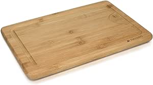 Navaris Wood Cutting Board - Medium Natural Bamboo Wooden Chopping Board with Juice Groove for Kitchen Food Prep - Size M, 14 x 9 inches
