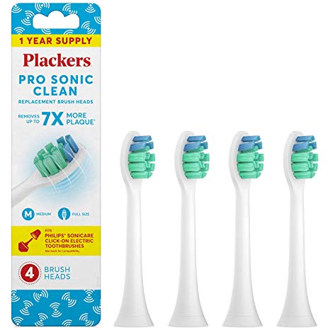 Plackers pro sonic Clean Replacement Brush Heads, 1 Year Supply – 4Count (Fits Philips Sonicare Click-On Electric Toothbrushes)