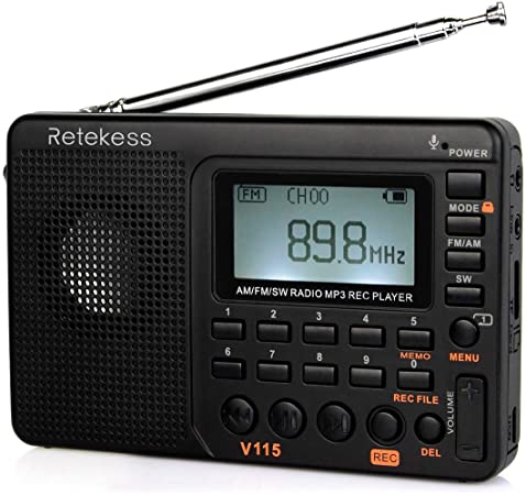 Retekess V-115 Radio AM/FM Stereo Radio Portable Radio with Shortwave Transistor MP3 Player Radio with REC Voice Recorder Support T-Flash Card and Sleep Timer (Black)