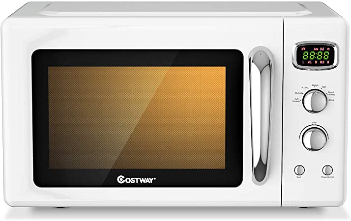 COSTWAY Retro Countertop Microwave Oven, 0.9Cu.ft, 900W Microwave Oven, with 5 Micro Power, Defrost & Auto Cooking Function, LED Display, Glass Turntable Viewing Window, Child Lock, ETL