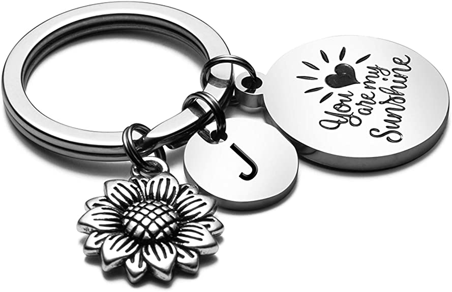 Sunflower Gifts for Women Initial Charm Keychain Key Ring Bracelets Wristlet Sunflower Car Accessories