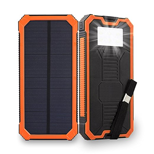 Solar Charger 15000mAh Friengood Portable Solar Panel Power Bank, Dual USB Port Battery Phone Charger with 6 LED Emergency Light for iPhone, iPad, Samsung and More (Orange)