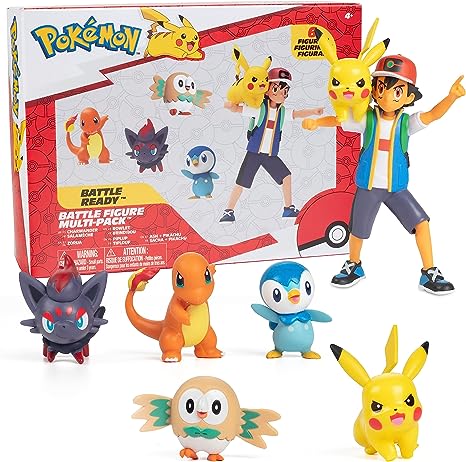 Pokémon Battle Ready! Figure Set Toy, 6 Pieces - Includes 4.5" Ash & Launching Pikachu, 2" Charmander, 2” Rowlet, 2” Piplup, 2” Zorua - Officially Licensed - Gift for Kids, Boys & Girls - Ages 4