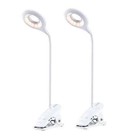 Brivation Clip-On LED Desk Lamp, Portable Eye-Care Wired/Wireless Bedside Table Light, Flexible Gooseneck USB Rechargeable, 3 Lighting Modes with 3 Brightness Levels, Touch Control, White (2-Pack)