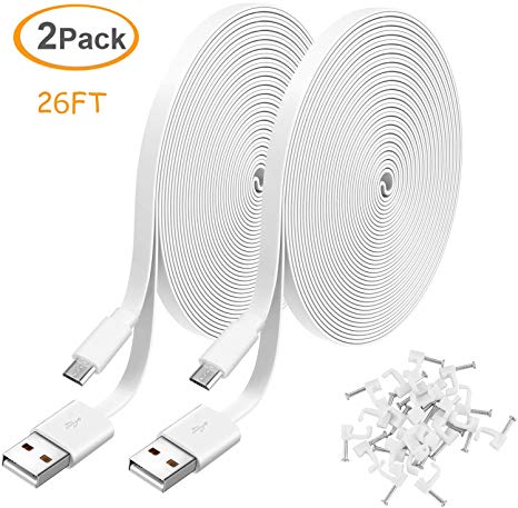 2 Pack 26FT Power Extension Cable for WyzeCam,WyzeCam Pan,KasaCam Indoor,NestCam Indoor,Yi Camera, Blink,Amazon Cloud Cam, USB to Micro USB Durable Charging Cord for Security Camera with Wire Clips