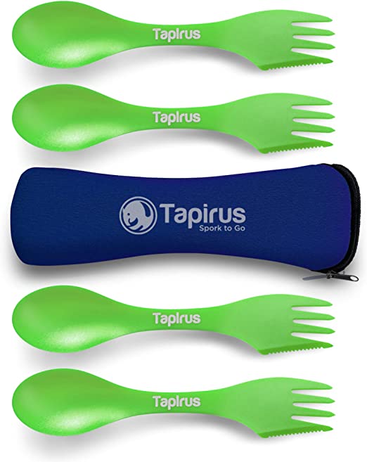 Tapirus 4 Green Spork to Go Set - Durable and BPA Free Sporks - Spoon, Fork and Knife Combo Utensils Flatware - Mess Kit for Camping, Hunting and Outdoor Activities - Comes in a Carrying Case