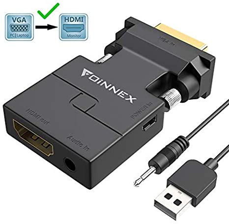 FOINNEX VGA to HDMI Adapter Converter with Audio,(Convert from Old PC to TV/Monitor with HDMI Connector),Active Male VGA to Female HDMI 1080p@60Hz Video Dongle for Computer,Laptop to Display,Projector