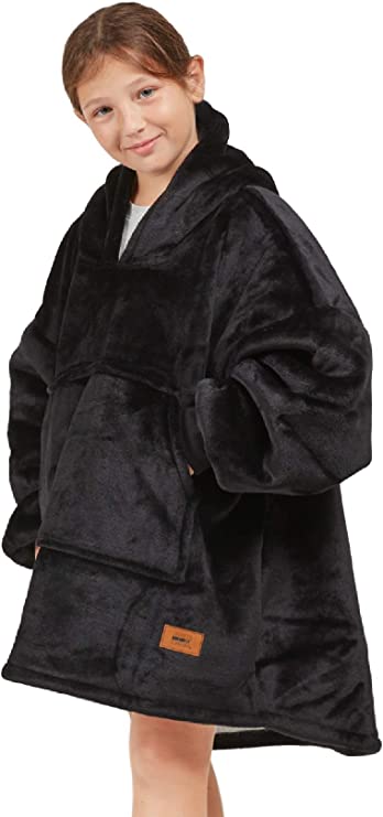 Degrees of Comfort Wearable Blanket Hoodie for Kids, Snuggie Sherpa Hoodies Blankets Sweatshirt with Pockets, Black, One Size Fits All, 30x28 Inch