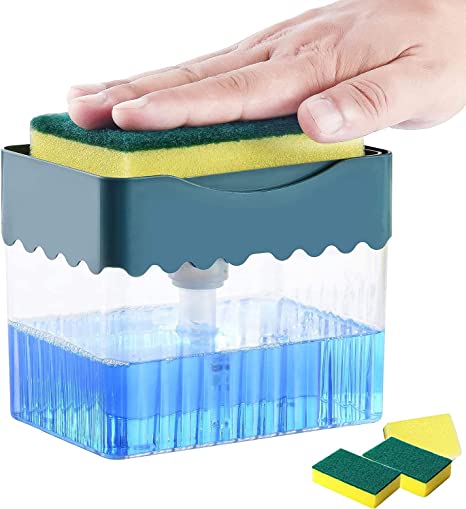 ALINK Soap Pump Dispenser and Sponge Holder with 3 Cleaning Sponges for Kitchen Sink Dish Bowl Washing, 13 Ounces - Dark Green