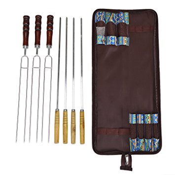 Angelbubbles Barbecue Forks BBQ Skewers 100% 304 Stainless Steel + Heat Resistant Wooden Handle + Portable Storage Bag For Outdoor Camping Travelling (7)