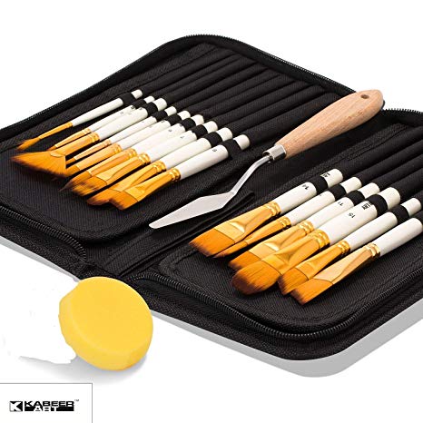 KABEER ART 15 Pcs Paint Brush Set Includes Pop-up Carrying Case with Palette Knife and 1 Sponge for Acrylic, Oil, Watercolor and Gouache Painting