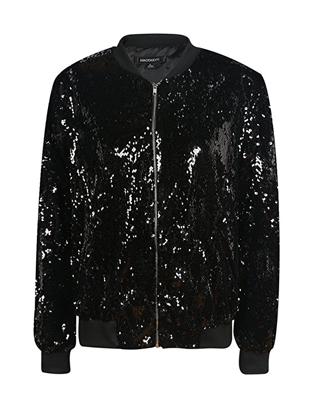 HaoDuoYi Womens Sparkle Sequin Long Sleeve Zipper Front Bomber Jacket