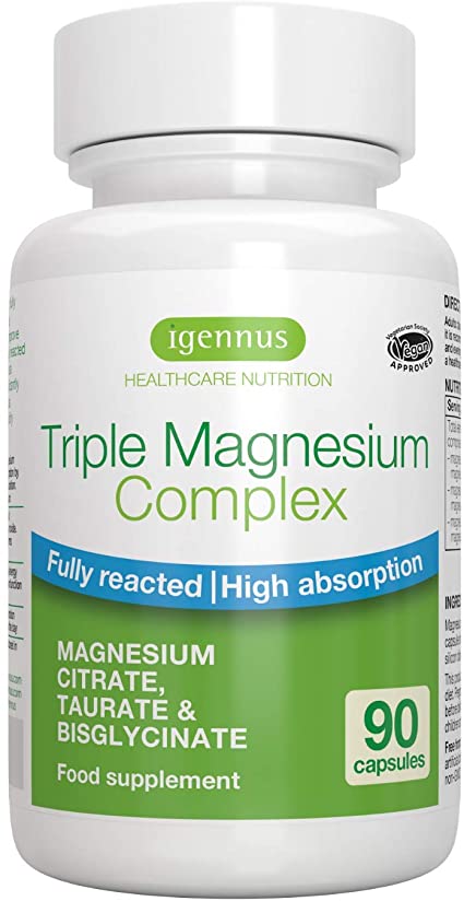 Triple Magnesium Complex, High Absorption Chelated Glycinate, Citrate, Taurate for Anxiety, Sleep, Migraine, Vegan, Pure & Oxide-free, 90 Capsules, By Igennus