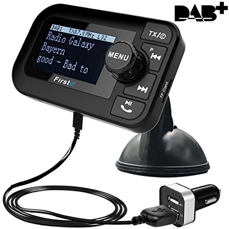 FirstE 5 in 1 Car DAB/DAB  Radio Portable FM Transmitter (Crystal Digital Sound  2.3" Big LCD Screen Bluetooth Receiver  Micro SD/TF Card Play Handsfree Call 5V 2.1A/1.0A Dual USB Car Charger), 3M Antenna Digital Audio Broadcasting Adapter with Wireless 3.5mm Aux Output Bluetooth Car Kits