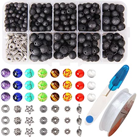 530pcs Lava Beads Stone Rock with Chakra Beads Round Black Lava Volcanic Stone Loose Beads Natural Stone Beads for Essential Oil Jewelry Making