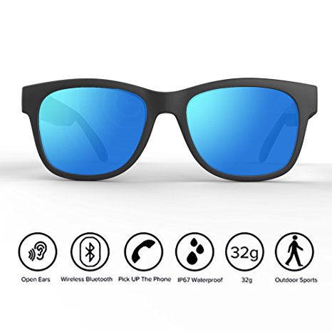 Bone Conduction Sunglasses 4.1 Wireless Bluetooth Stereo Headphones Polarized Sunglasses Accepted Compatible with Smart Phone Iphone HTC LG Samsung Android Windows (Blue)