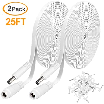 2 Pack DC Power Extension Cable 25ft 2.1mm x 5.5mm Compatible with 12V DC Adapter Cord for CCTV IP Camera, LED, Car, White