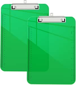 2 Pack Plastic Clipboards, Translucent Clip Board with Low Profile, Purple Clipboard with Ruler,Office Clipboards, School Supplies, Letter Size 12.5 x 9 Inches, Green