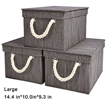 Storage Bin with Lid, Foldable Basket Organizer With Strong Cotton Rope Handle By StorageWorks, Gray, Bamboo Style, Large 14.4"x10.0“x9.3", 3-Pack