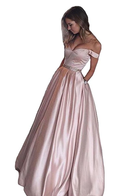 Off The Shoulder Pink Beaded Sash Satin Evening Gown Prom Dress