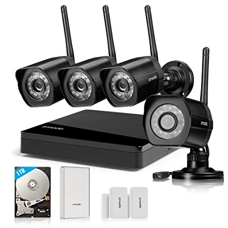 Zmodo All-in-One Kit 4CH NVR 720p HD WiFi Day Night Home Video Security Cameras System 1TB Hard Drive, WiFi Range Extender and 2 Door/Window Sensors
