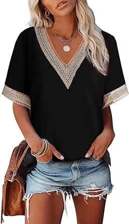 EVALESS Womens Short Sleeve Sexy Summer Tops Lace Trim V Neck Blouses for Women Fashion Tops Dressy Casual Shirts